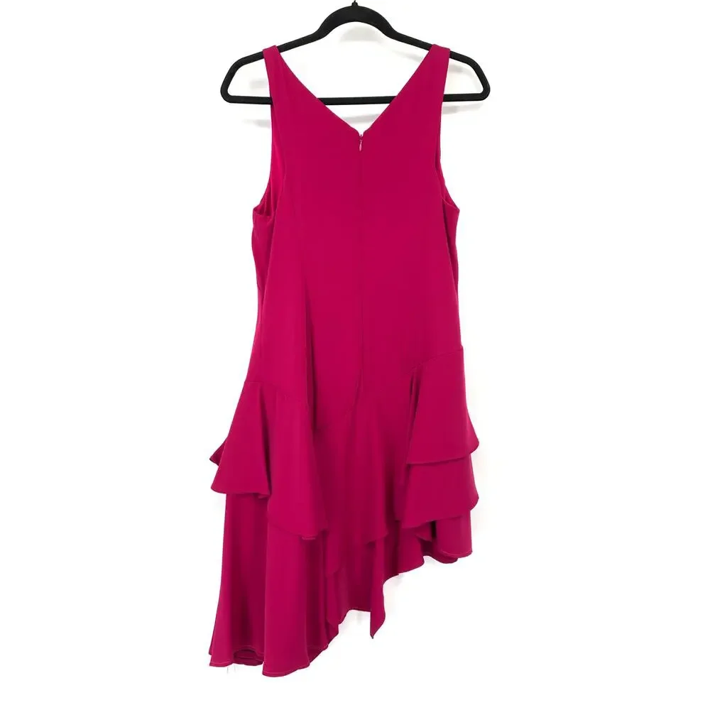 Halston Heritage Asymmetrical Dress Pink Ruffle Hem Sleeveless Womens 6 V-Neck - Picture 2 of 5